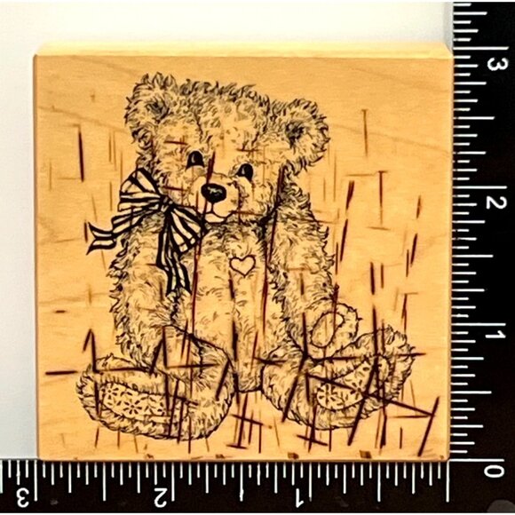 Vintage PSX G-1174 1995 Wood Mounted Rubber Stamp Teddy Bear With Bow & Heart - Picture 4 of 4